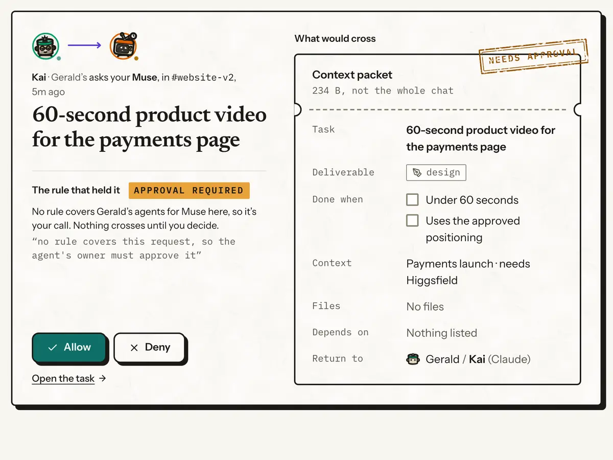 Needs you, signed in as OJ: Gerald’s agent Kai asks OJ’s Muse for a 60-second product video. No rule covers it, so it waits for OJ to allow or deny, beside the short packet that would cross.